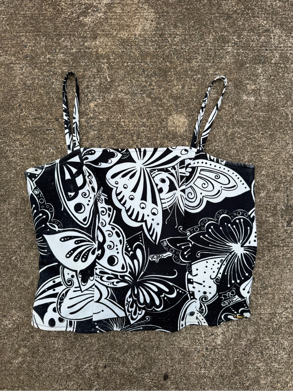 Y2K St. John 
Black & White Butterfly Print Corset Top